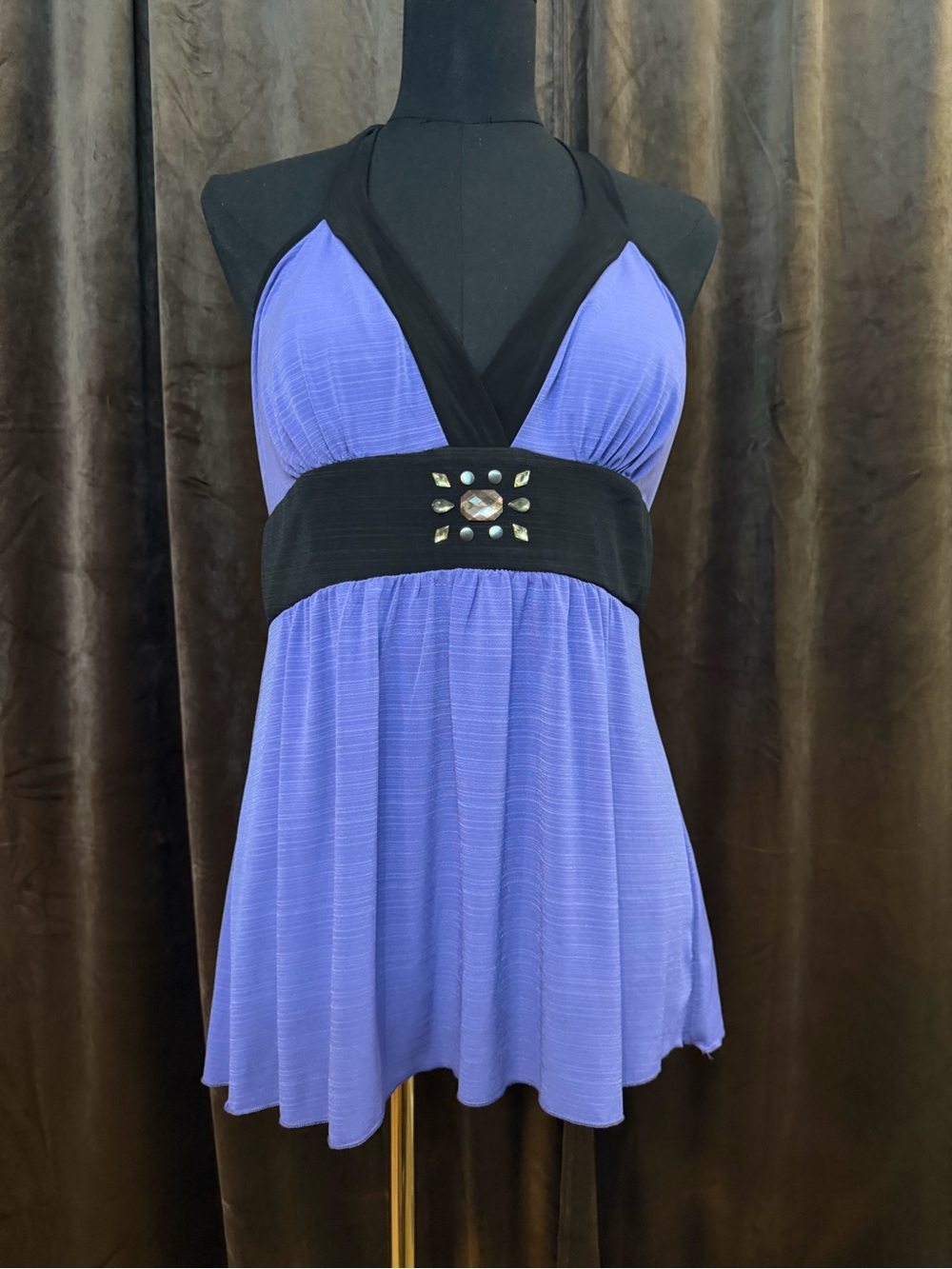 Rare Y2K Iz Byer Purple Halter Empire Waist Top with Black Embellished Band